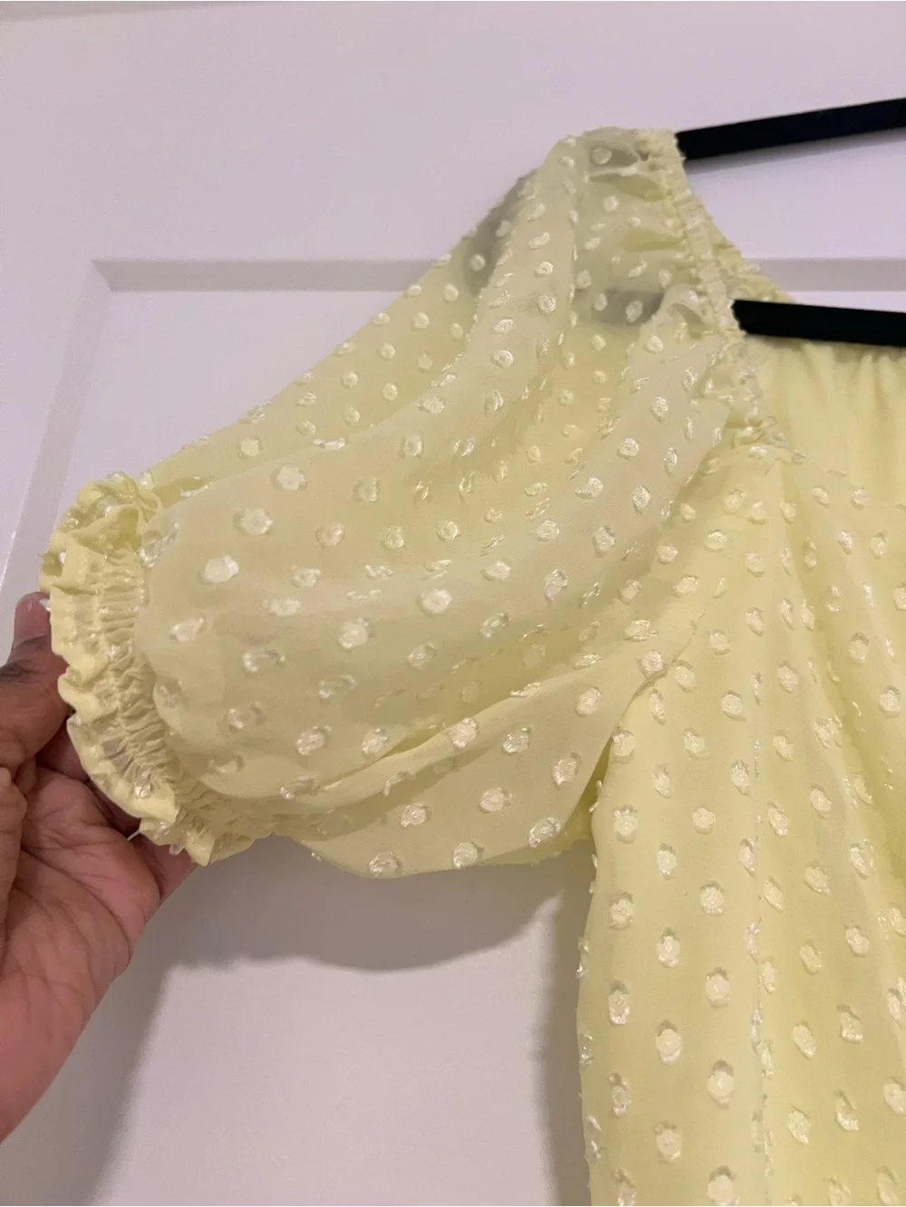 Light Yellow Swiss Dot Puff Sleeve Women's Top